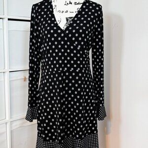 Michael Kors Women's Fit + Flare Dress Jersey Wrap Long Sleeve Black Print LARGE